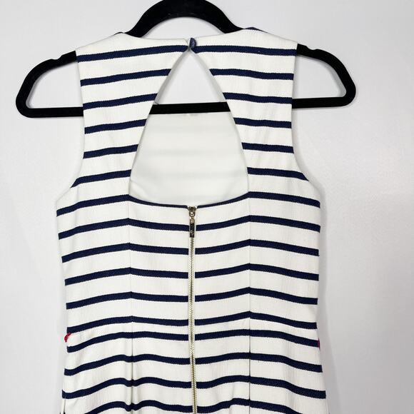 Eliza J 2 Navy Blue White Striped Fit and Flare Dress Pleated Keyhole Pockets - Picture 7 of 14